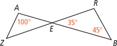 Triangles AEZ and REB share vertex E, with angle A 100 degrees, angle B 45 degrees, and angle REB 35 degrees.