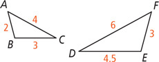 Triangle ABC has side AB measuring 2, side BC measuring 3, and side AC measuring 4. Triangle FED has side FE measuring 3, side ED measuring 4.5, and side FD measuring 6.