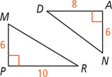 Triangle MPR has a right angle at P with side MP measuring 6 and side PR measuring 10. Triangle NAD has a right angle at A with side NA measuring 6 and side AD measuring 8.