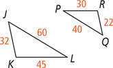 Triangle JKL has side JK measuring 32, side KL measuring 45, and side JL measuring 60. Triangle QRP has side QR measuring 22, side RP measuring 30, and side QP measuring 40.