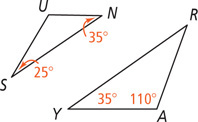 Triangle SUN has angle S 25 degrees and angle N 35 degrees. Triangle RAY has angle A 110 degrees and angle Y 35 degrees.