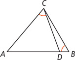 Triangle ABC has segment CD forming triangles ACD and BCD, with angles ACD and B congruent.