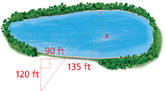 Two right triangles share a vertex, one with legs 90 feet and 120 feet and the other with legs 135 feet and x. The hypotenuses and legs measuring 90 feet and 135 feet form straight lines.