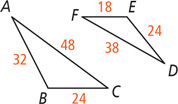 Triangle ABC has side AB measuring 32, side BC measuring 24, and side AC measuring 48. Triangle DEF has side DE measuring 24, side EF measuring 18, and side DF measuring 38.