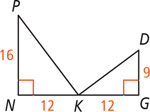 Right triangles PNK and DGK share vertex K between bases forming a horizontal line, one with base KN 12 and height PN 16, the other with base KG 12 and height DG 9.