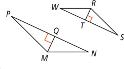 Triangle PMN has a segment from M meeting side PN at a right angle at Q. Triangle SRW has a segment from R meeting side SW at a right angle at T.