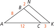 Triangle AKN has segment BC forming triangles ABC, with side AB measuring 8, segment BN measuring 2, side AC measuring 12, and segment CK measuring 3.