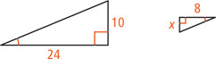 A right triangle has legs measuring 24 and 10. Another right triangle has legs measuring 8 and x. The angles adjacent to the sides measuring 24 and 8 are congruent.