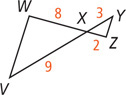 Triangles VWX and YZX share vertex X, with side WX measuring 8 and side XZ measuring 2 forming a straight line, and side VX measuring 9 and side XY measuring 3 forming a straight line.