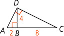 Right triangle ADC has a segment measuring 4 from right angle D meeting side AC at a right angle at B, forming segment AB measuring 2 and segment BC measuring 8.