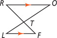 Triangles ROT and FLT share vertex T, with RTF and OTL straight, and sides RO and FL parallel.