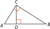 Triangle ABC, with right angle at C, is divided by altitude line CD.