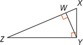 Triangle XYZ, with right angle at Y, is divided by altitude line YW.