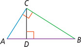 Triangle ABC has altitude line from right angle C to D on side AB.