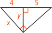 A right triangle with a leg measuring x has altitude line measuring y dividing the hypotenuse into segments measuring 5 and 4, forming a triangle with legs y and 4 and hypotenuse x.