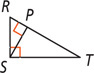Right triangle RST has altitude line to P on hypotenuse RT.