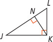 Right triangle JKL has an altitude from K to N on hypotenuse JL.