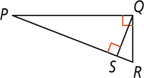 Right triangle PQR has an altitude from Q to S on hypotenuse PR.