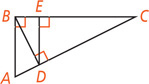 Right triangle ABC has altitude line BD to D on hypotenuse AC. Segment DE meets side BC at a right angle at E.