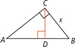 Triangle ABC, with side BC measuring x, has altitude line CD to hypotenuse AB.