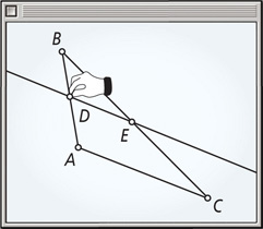 A geometry software screen has triangle ABC, with a line intersecting side AB at D and side BC at E.