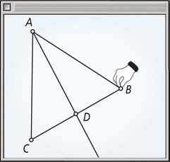 A geometry software screen has triangle ABC, with a line from intersecting side BC at D.