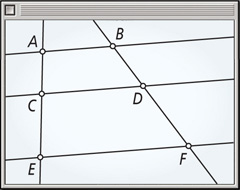 A geometry software screen has parallel lines AB, CD, and EF, with one transversal through A, C, and E and one through B, D, and F.
