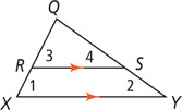 Triangle QXY has segment RS between sides QX and QY parallel to XY. Angle 1 is at X, angle 2 at Y, angle 3 at QRS, and angle 4 at QSR.