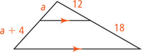 A triangle has a segment between the left and right sides parallel to the bottom side, forming a triangle with left side a and right side 12, and parallelogram with left side a + 4 and right side 18.