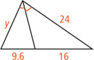 A triangle with two sides measuring y and 24 has an angle bisector from the angle between them meeting the opposite side, dividing it into a segment measuring 9.6 adjacent to side y and a segment measuring 16 adjacent to side measuring 24.