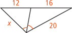 A triangle with sides measuring x and 20 has an angle bisector from the angle between them to the opposite side, dividing into a segment measuring 12 adjacent to side x and a segment measuring 16 adjacent to side measuring 20.