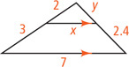 A triangle has a segment measuring x parallel to base measuring 7, dividing the left side into segments measuring 2 and 3, from top to bottom, and right side into segments measuring y and 2.4, from top to bottom.