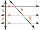 Two transversals intersect three horizontal parallel lines. The left transversal has segments 9 and 4 from top to bottom, and the right transversal has segments 11 from top line to bottom line and segment x from middle line to bottom line.