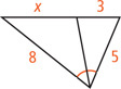 A triangle with two sides measuring 8 and 5 has an angle bisector from the angle between them dividing the opposite side into segment x adjacent to the side measuring 8 and a segment measuring 3 adjacent to the side measuring 5.