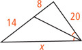 A triangle with two sides measuring x and 12 has an angle bisector from the angle between them dividing the opposite side into segment measuring 8 adjacent to the side measuring 20 and a segment measuring 14 adjacent to the side x.