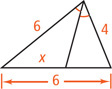 A triangle with two sides measuring 6 and 4 has an angle bisector from the angle between them dividing the opposite side, which measuring x, into two segments, one measuring x adjacent to the side measuring 6.