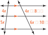 Two transversals intersect three parallel horizontal lines. The segments on the left transversal at 4x and 5x from top to bottom. The segments on the right transversal are 4x + 8 and 6x minus 10 from top to bottom.