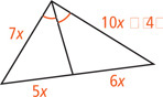 A triangle with two sides measuring 7x and 10x minus 4 has an angle bisector from the angle between them dividing the opposite side into a segment measuring 5x, adjacent side 7x, and a segment measuring 6x, adjacent side 10x minus 4.