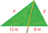 A triangle has two sides x and y with a tape measure as the angle bisector of the angle between them, dividing the opposite side into a segment measuring 12 meters adjacent side x and a segment measuring 8 meters adjacent side y.