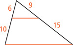 A triangle has a bottom side red with a red segment dividing the left side into segments measuring 6 and 10 from top to bottom and right side into segments measuring 9 and 15 from top to bottom.