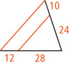 A triangle has left side red with a red segment dividing the bottom side into segments measuring 12 and 28 from left to right and right side into segments measuring 10 and 24 from top to bottom.