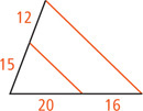 A triangle has right side red with a red segment dividing the bottom side into segments measuring 20 and 16 from left to right and left side into segments measuring 12 and 15 from top to bottom.