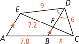 Quadrilateral ACDE, with side DC measuring 6 and side DE 9, has an angle bisector DB to B on side AB, with segment AB measuring 7.8 and segment BC measuring x. Diagonal CE intersects DB at F, with segment EF measuring 7.2.