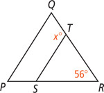 Triangle PQR has a segment from S on side PR to T on side QR, with angle QTS x degrees and angle R 56 degrees.