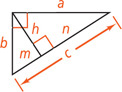 A right triangle with legs a and b and hypotenuse c has an altitude line h dividing hypotenuse c into segment m, adjacent to side b, and segment n, adjacent to side a.