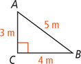 Triangle ABC has leg AC measuring 3 meters, leg BC measuring 4 meters, and hypotenuse AB measuring 5 meters.