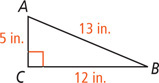 Triangle ABC has leg AC measuring 5 inches, leg BC measuring 12 inches, and hypotenuse AB measuring 13 inches.