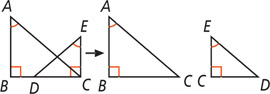 Triangles ABC and ECD overlap, with side DC on side BC, right angles B and C, and congruent angles A and E. The separate triangles are ABC and ECD.