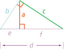 A right triangle has legs b and c and hypotenuse d. Altitude line a divides d into segment e adjacent to side b and segment f adjacent to side c.