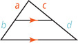 A triangle has a segment parallel to the bottom side dividing the left side into segments a and b from top to bottom and right side into segments c and d from top to bottom. Sides a and c are similar and sides b and d are similar.